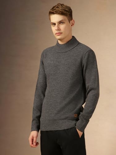 Image of Dennis Lingo Men Grey Solid Slim Fit Full Sleeve Turtle Neck Pullover