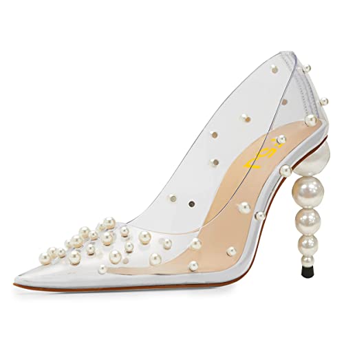FSJ Women Sexy Pearls Transparent Pointed Toe Pumps High Heel with Pearls Slip On Formal Party Dress Wedding Shoes Size 4-15 US