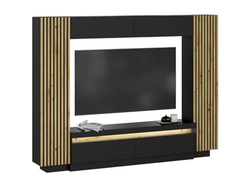 Vente-unique-Mueble TV con Almacenamiento - Leds - Negro y Natural - LIONEA