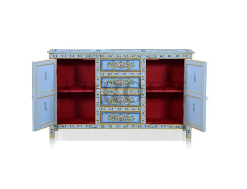 Image of APRODZ Hand-Painted Solid Wood Sideboard Cabinet with 2 Doors & 4 Drawers | Wooden Storage Cabinet for Bedroom Living Room & Kitchen | Crockery Cabinet, Kitchen Storage | Multicolor, 54x16x36 Inches