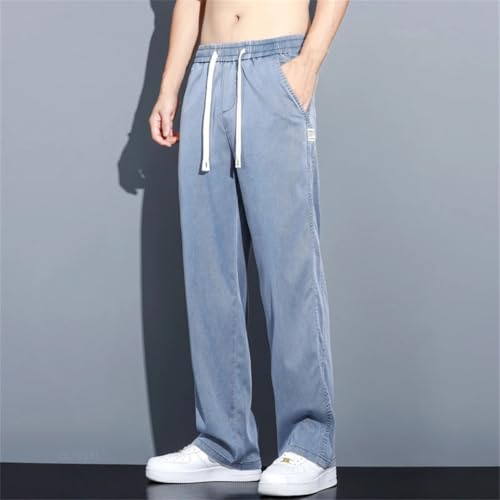 Men's Summer Thin Jeans Loose Fit Straight Leg Drawstring Waist Korean Style Casual Denim Trousers 5
