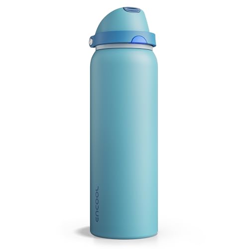 Image of Insulated Water Bottle with Straw - Encool Stainless Steel Water Bottle with Push Button Lid, Leak-Proof & BPA-Free, Keeps Cold for 24 Hours for Sports, Travel, Gym (40 oz, Silk Blue)