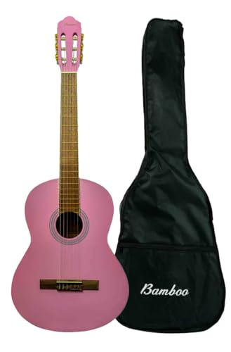 BAMBOO, Guitarra Acustica Clasica color Rosa tamaño 4/4 cuerdas de Nylon, para principiantes, adultos,...