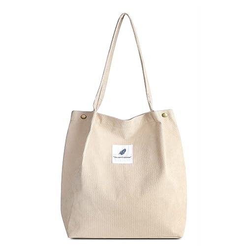 FITDON Cord Umhngetasche Damen, Gro Schultertasche Canvas Tasche Tote Handtasche fr Alltag, Bro, Schulausflug und Einkauf - Beige