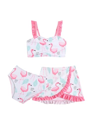 Image of MakeMeChic Girl's 3 Piece Tropical Print Bikini Set Ruffle Backless Bathing Suit with Cover Up Skirt
