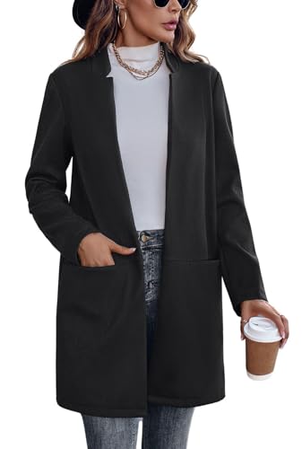 Image of CHARTOU Women Winter Open Front Long Blazer Jacket Herringbone Wool Blend Business Casual Work Pea Coat (Large, Black)