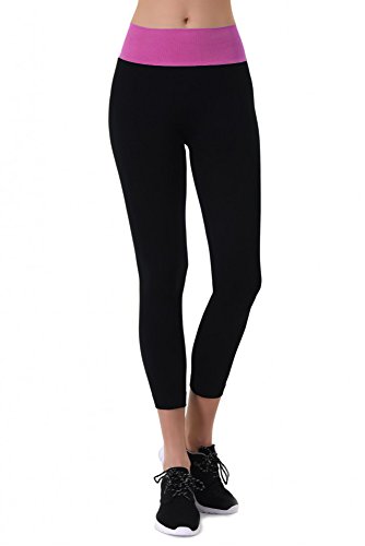 Women's High Waist Two Tone Capri Length Leggings Free Size (Fuchsia(Capri_Length), One Size)