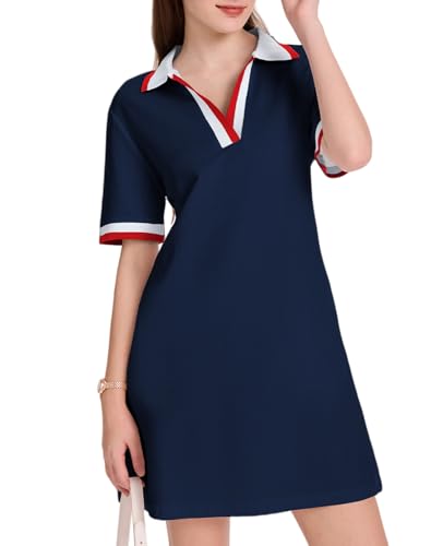Image of WOWULOVELY Polo Dress for Women V Neck Casual Short Sleeve Mini Shirt Dress Flowy Contrast Color Golf Tennis A Line Dresses