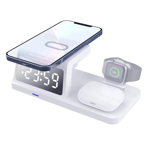 Cargador De Teléfono Con Reloj Despertador   Reloj Con Cargador Inalámbrico De Escritorio De 7,4 Pulgadas, Base De Carga Inteligente 4 En 1, Pantalla De Hora Digital ABS Portátil | Organizador De Esta