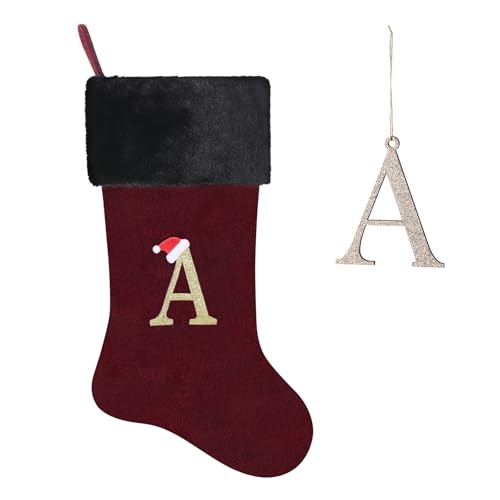 Yehnois 20 Inches Letter Embroidered Christmas Stocking,Personalized Burgundy Velvet Christmas Stocking,Holiday Season Decor and Xmas Giftï¼ˆAï¼‰