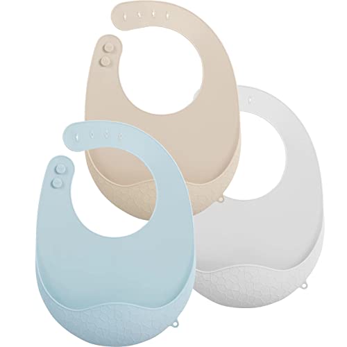 PandaEar 3 Pack Super Light Silicone Baby Bib for Boys Girls| Waterproof Baby Bibs with Pocket Food Catcher, Soft Adjustable Silicone Feeding Bibs