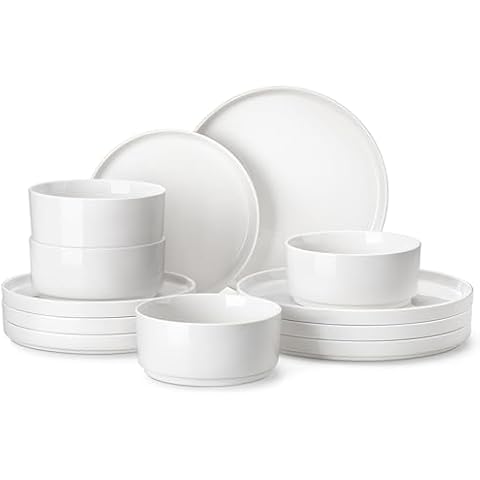 MALACASA 12 Pieces Porcelain Dinnerware Set, Modern White Dish Set for 4, Premium Serving Plates and Bowls Sets, Chip and Scratch Resistant Dishware Sets Kitchen Dishes Dining Ware Set, Series LEAH Cover