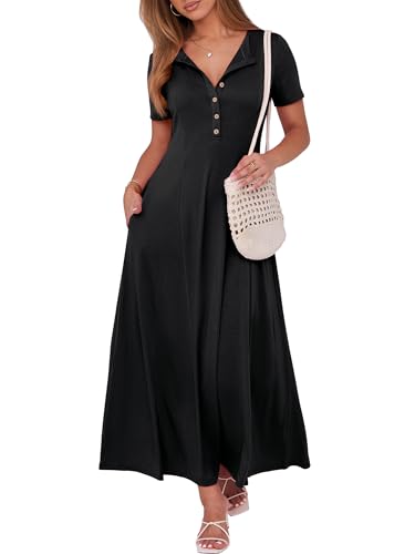ANRABESS Women Summer Maxi Dress 2025 Casual Short Sleeve Button Fit & Flare A-Line Flowy Long Dresses with Pockets