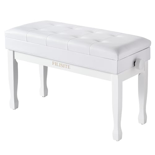 FILISITE Adjustable Height Piano Bench with Storage, Solid Wood Duet Keyboard Stool, Waterproof Padded Seat Cushion, Multi-Use Bench for Piano, Vanity, Living Room, Bedroom XJ750-4(White)
