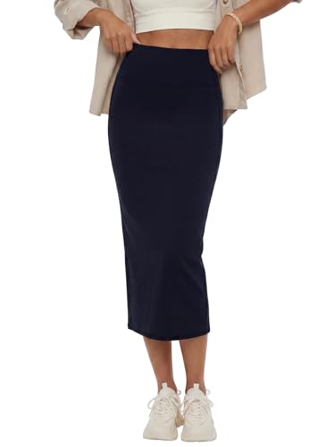 Image of Rooscier Women's High Waisted Pencil Midi Skirt | Stretchy Bodycon Knee Length Skirts with Back Slit