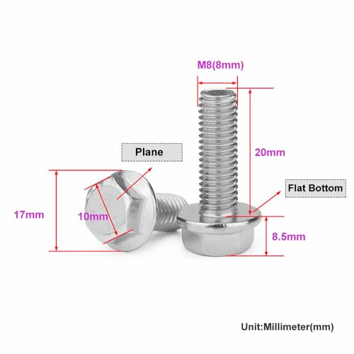 Image of Junter 10pcs M8-1.25 x 20mm A2-70 Flat Bottom Flanged Hex Head Metric Screw | A2 Stainless Steel, Hex Cap Flange Bolt, Flat Bottom, Flanged Hexagon Head, Fully Threaded, Standard Coarse Thread, 5787