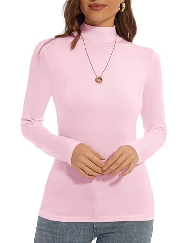 Long Sleeve Mock Turtle Neck Tops for Women Slim Fit Lightweight Cute Underwear Shirts 2025 Winter Fashion (Pink Large)