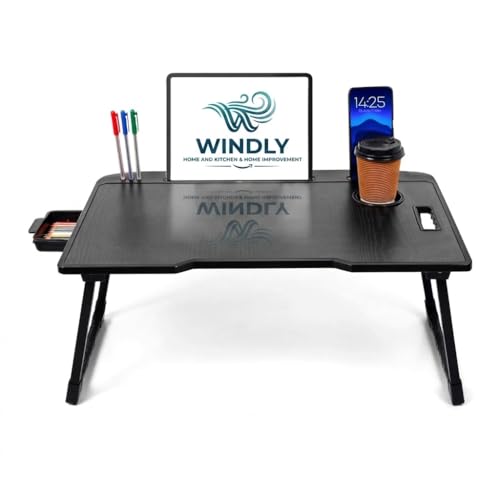 Image of WINDLY Wood Multipurpose Foldable Laptop Table with Cup Holder | Table Home Study Writing Table, Foldable and Portable /Ergonomic Edges Kids & Adults (Black)