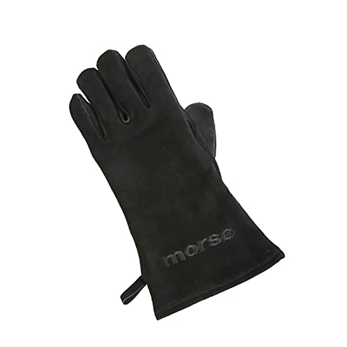 Morsø Grillhandschuh Links hitzebeständiger Ofenhandschuh aus dickem Leder Kaminhandschuh für In- und Outdoor im cleanen Design Schwarz