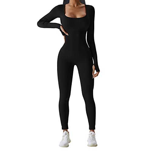 JN JANPRINT Damen Jumpsuit Sport Bodysuit Gerippte Lang Eng Yoga Bodycon...