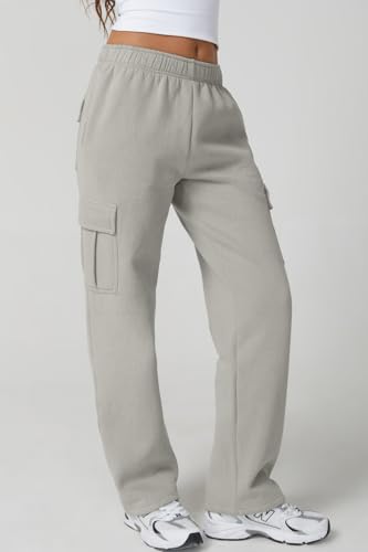 Image of QINSEN Baggy Medium Waist Elastic Sweatpants for Womens Casual Long Fleece Cargo Pants with Pockets
