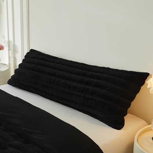 MEGO 20x54 Body Pillow Cover Soft Wide Ribbed Faux Rabbit Fur Black