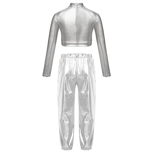 JanJean Kids Girls 2Pcs Dance Tracksuit Shiny Metallic Crop Top with Athletic Sweatpants Jazz Hip Hop Jazz Dance Costume Silver 6 Years
