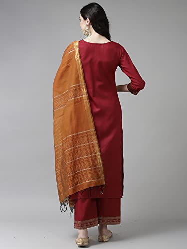 Image of INDO ERA Women's Cotton Blend Yoke Design Straight Kurta with Pant & Dupatta Set