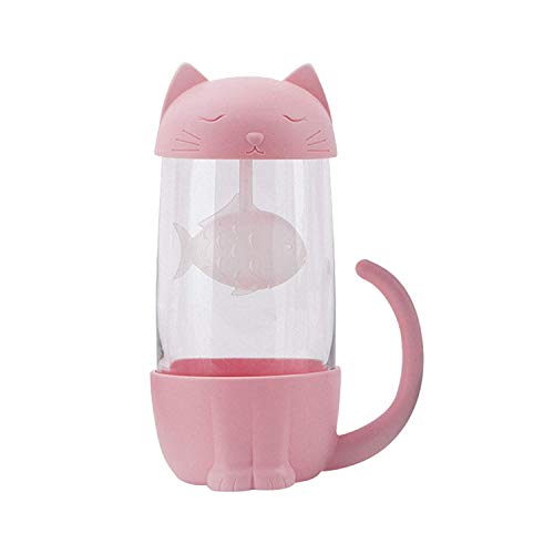 Tazza di tè alla tazza di vetro del gatto della bottiglia dell'acqua con il filtro dell'infusore del tè del pesce Filtro 280ML 10.5 * 7.1 * 15.4cm (Consegna casuale bianca, rosa, nera, blu)