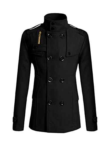 Lars Amadeus Men's Black Pea Coats Stand Collar Double Breasted