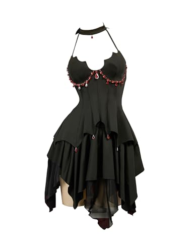 MEOWCOS Womens Gothic Dress Bat Style A-line Goth Halter Dress Halloween Cosplay Costume