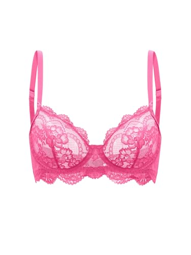 Vicarly Sexy Scallop Sheer Unlined No Padding Demi Underwire Push Up Lace Bra Women See Through Balconette Everyday Lingerie lacy Cup Hot Pink Medium