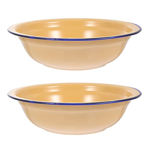Hemoton Enamelware 2Pcs Enamel Bowls Vintage Enamel Basins Thickened Enamel Mixing Bowl Soup Plates Round Salad Serving Bowl Soup Bowl Enamel Tableware For Kitchen 20Cm Yellow Vintage Bathroom Decor #TOP27