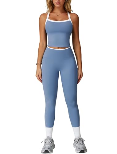 Women 2 Piece Workout Sets Padded Criss Cross Back Crop Tank High Waist Tummy Control Active Leggings Sets Yoga Outfit