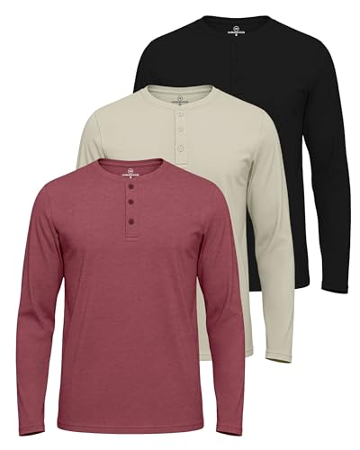 Real Essentials 3 Pack: Men's Cotton Short & Long Sleeve Henley T-Shirt Performance Activewear (Available in Big & Tall)