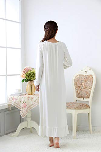 Maleroads Women Young Lady Modal Long Sleeve Nightdress Soft Princess Nightgown Pajamas White #TOP2