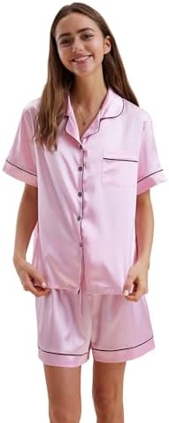 Satin Pajamas for Women Set,Silky Short Sleeve Ladies Pajama,Woma...