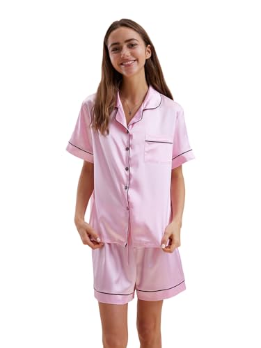 Flori Aura Pink Silk Pajamas for Women Set Womens Satin Summer Cooling Pajama 2 Piece Valentines Day Cute Pj Sets for Woman Soft Silky Short Sleeve Pjs Ladies Button Up Sleepwear Loungewear Size M
