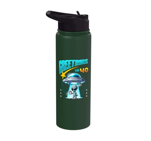 Greetings I'm 40 Alien UFO 40th Birthday Men Women Stainless Steel Insulated Water Bottle