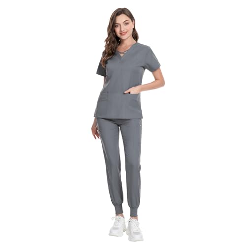 Image of VIAOLI Scrubs for Women Set Modern V-Neck Top & 8 Pocket Jogger Pants Nursing Uniform Solid Stretch Workwear