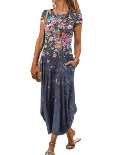 Image of Women Summer Casual Maxi Dress Floral Printed Loose Pockets Short Sleeve Split Boho Dresses