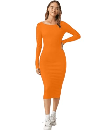 Image of Aahwan Orange Solid Round Neck Solid Bodycon Midi Dress for Women's & Girl's