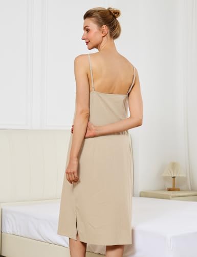 Image of Women Dress Slips for Under Dresses 100% Cotton Full Slip with Adjustable Spaghetti Strap V Neck