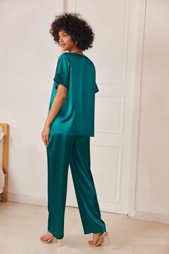 Image of Ekouaer Satin Pajama Set Womens Silk Short Sleeve V Neck Shirt with Long Pant Soft Loungewear Pjs Set