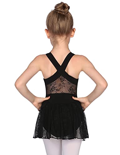 Zaclotre Girls Ballet Leotards Cross Back Dance Lace Skirted Leotard for Kids Black Size 6-7
