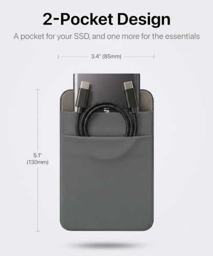 Image of 2 Pockets Laptop Sleeve with Reusable Adhesive for Portable External SSD - SanDisk Extreme Pro, Samsung T5 / T7, Crucial X8, Magic Mouse, Gray