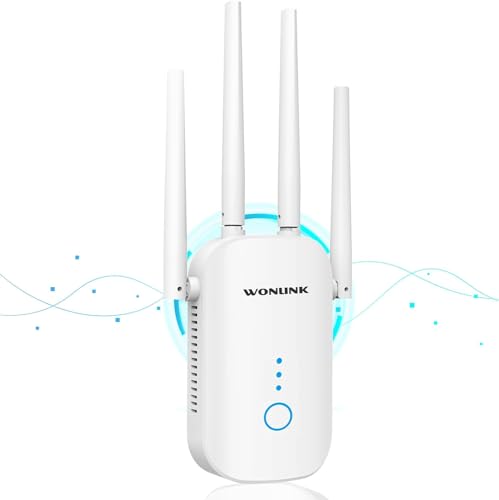 WONLINK Repetidor WiFi, 1200Mbps Amplificador Señal WiFi Doble Banda 5G y 2.4GHz con Puerto Ethernet, 4 Antenas, MU MIMO, Apoyo Repetidor/Router/Ap Modos para Hogar y la Oficina, EU Plug, Blanco