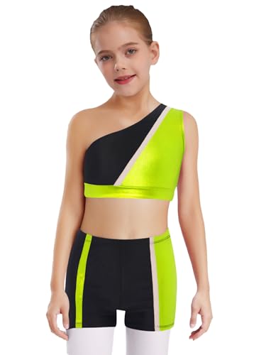 Kids Girls Shiny Metallic Color Block Sports Dance Outfit Gymnastics Vest And Shorts Bottoms Set