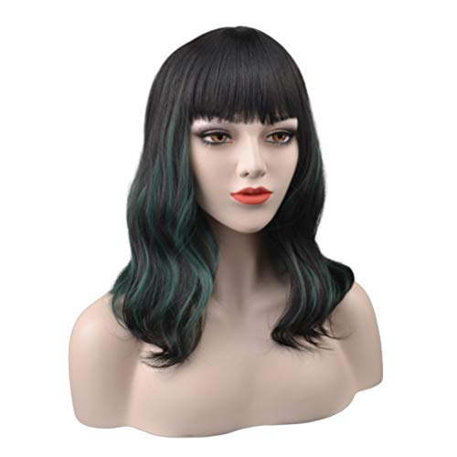 PATTNIUM 16 Inches Short Wavy Wigs Curly Green Wig with Bangs for Women Synthetic Fiber Cosplay Party Halloween Wig (Black mix Green)