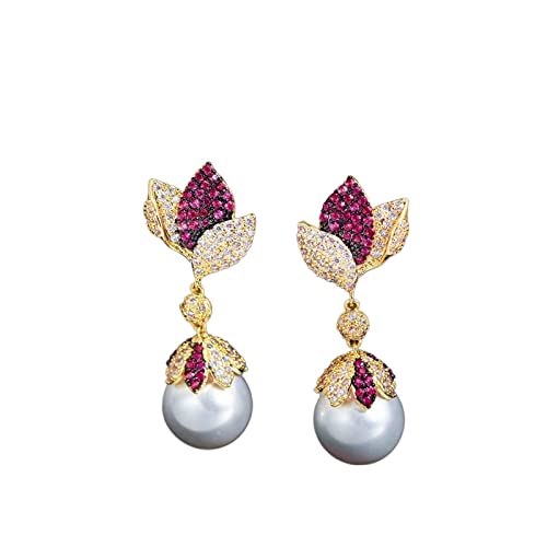 ZILOOK YEJIANGHUA Brincos compridos elegantes e charmosos de pérolas de gota de folha com ajuste de pedra de zircão cúbico vermelho adequado para mulheres presentes de festa de noivado CZ462 natural